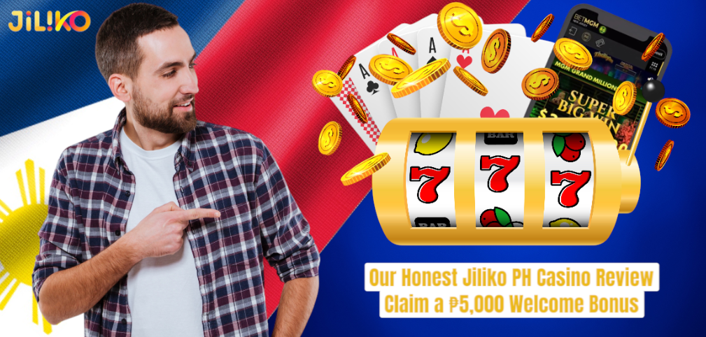 Man pointing at slot machine with lucky sevens, cards, coins, and Philippine flag promoting Jiliko Casino Review PH with ₱5,000 welcome bonus.